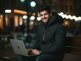 Colombian teenager working on a laptop in a vibrant urban setting AI Generative photo