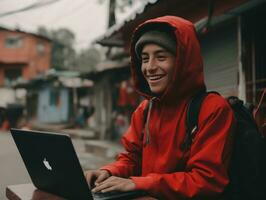 Colombian teenager working on a laptop in a vibrant urban setting AI Generative photo