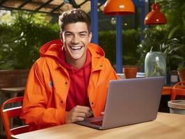 Colombian teenager working on a laptop in a vibrant urban setting AI Generative photo