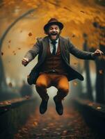 European man in emotional dynamic pose on autumn background AI Generative photo