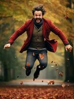 European man in emotional dynamic pose on autumn background AI Generative photo