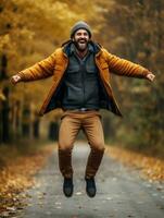 European man in emotional dynamic pose on autumn background AI Generative photo