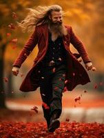 European man in emotional dynamic pose on autumn background AI Generative photo