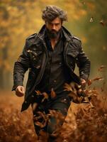 European man in emotional dynamic pose on autumn background AI Generative photo