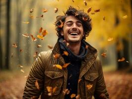 European man in emotional dynamic pose on autumn background AI Generative photo