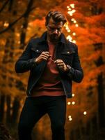 European man in emotional dynamic pose on autumn background AI Generative photo