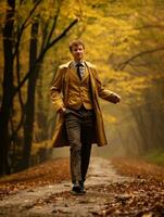 European man in emotional dynamic pose on autumn background AI Generative photo