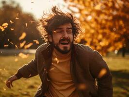 europeo hombre en emocional dinámica actitud en otoño antecedentes ai generativo foto