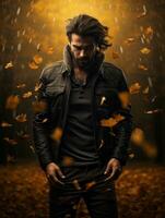 European man in emotional dynamic pose on autumn background AI Generative photo