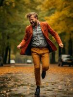 European man in emotional dynamic pose on autumn background AI Generative photo