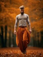 European man in emotional dynamic pose on autumn background AI Generative photo