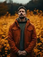 European man in emotional dynamic pose on autumn background AI Generative photo