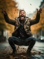 European man in emotional dynamic pose on autumn background AI Generative photo