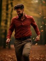 European man in emotional dynamic pose on autumn background AI Generative photo