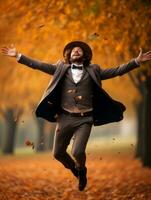 European man in emotional dynamic pose on autumn background AI Generative photo