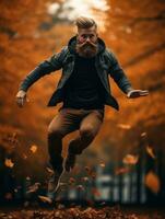 European man in emotional dynamic pose on autumn background AI Generative photo