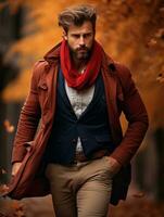 European man in emotional dynamic pose on autumn background AI Generative photo