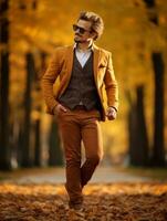 European man in emotional dynamic pose on autumn background AI Generative photo