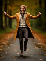 European man in emotional dynamic pose on autumn background AI Generative photo