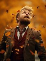European man in emotional dynamic pose on autumn background AI Generative photo