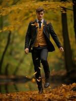 European man in emotional dynamic pose on autumn background AI Generative photo