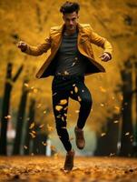 European man in emotional dynamic pose on autumn background AI Generative photo