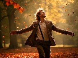 European man in emotional dynamic pose on autumn background AI Generative photo