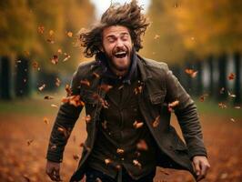 European man in emotional dynamic pose on autumn background AI Generative photo