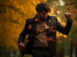 European man in emotional dynamic pose on autumn background AI Generative photo