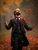 European man in emotional dynamic pose on autumn background AI Generative photo