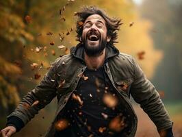 European man in emotional dynamic pose on autumn background AI Generative photo