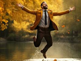 European man in emotional dynamic pose on autumn background AI Generative photo