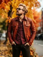 European man in emotional dynamic pose on autumn background AI Generative photo