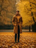 europeo hombre en emocional dinámica actitud en otoño antecedentes ai generativo foto