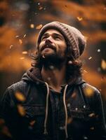 European man in emotional dynamic pose on autumn background AI Generative photo