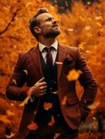 European man in emotional dynamic pose on autumn background AI Generative photo