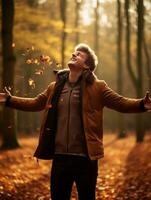 European man in emotional dynamic pose on autumn background AI Generative photo