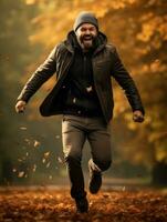 European man in emotional dynamic pose on autumn background AI Generative photo