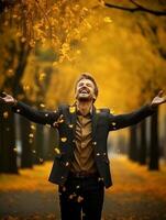 European man in emotional dynamic pose on autumn background AI Generative photo