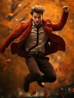 European man in emotional dynamic pose on autumn background AI Generative photo