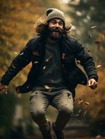 European man in emotional dynamic pose on autumn background AI Generative photo