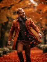 European man in emotional dynamic pose on autumn background AI Generative photo