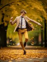 European man in emotional dynamic pose on autumn background AI Generative photo