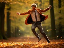 European man in emotional dynamic pose on autumn background AI Generative photo