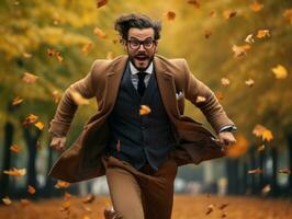 European man in emotional dynamic pose on autumn background AI Generative photo