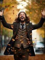 europeo hombre en emocional dinámica actitud en otoño antecedentes ai generativo foto