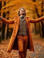 European man in emotional dynamic pose on autumn background AI Generative photo