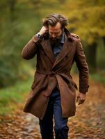 European man in emotional dynamic pose on autumn background AI Generative photo