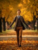 European man in emotional dynamic pose on autumn background AI Generative photo