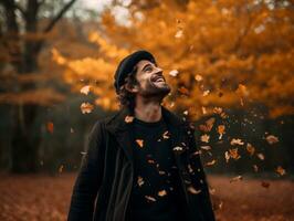 European man in emotional dynamic pose on autumn background AI Generative photo